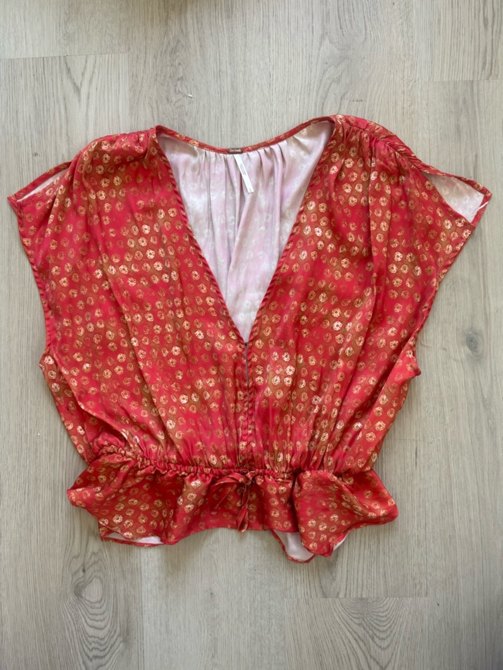 Free People Dream Orange/Red Gold Metallic Dot Peplum Blouse Size L Large
